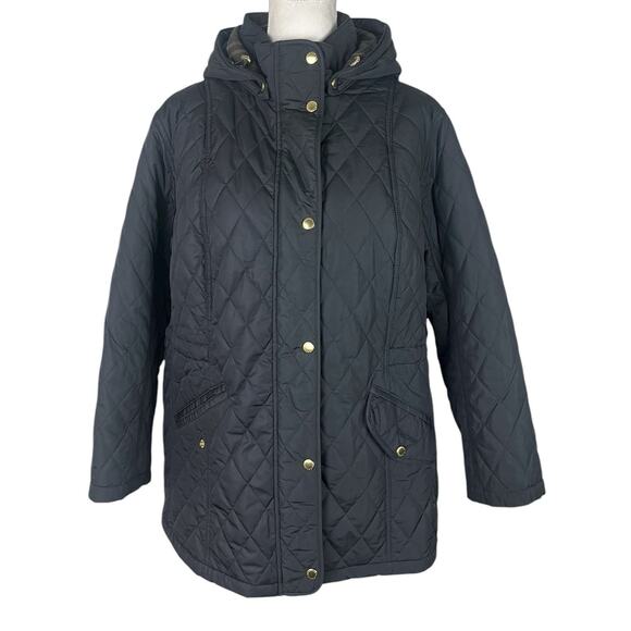 Barbour Millfire Hooded Diamond Quilted Coat Black Funnel Neck Plus Size 1X - Picture 1 of 7
